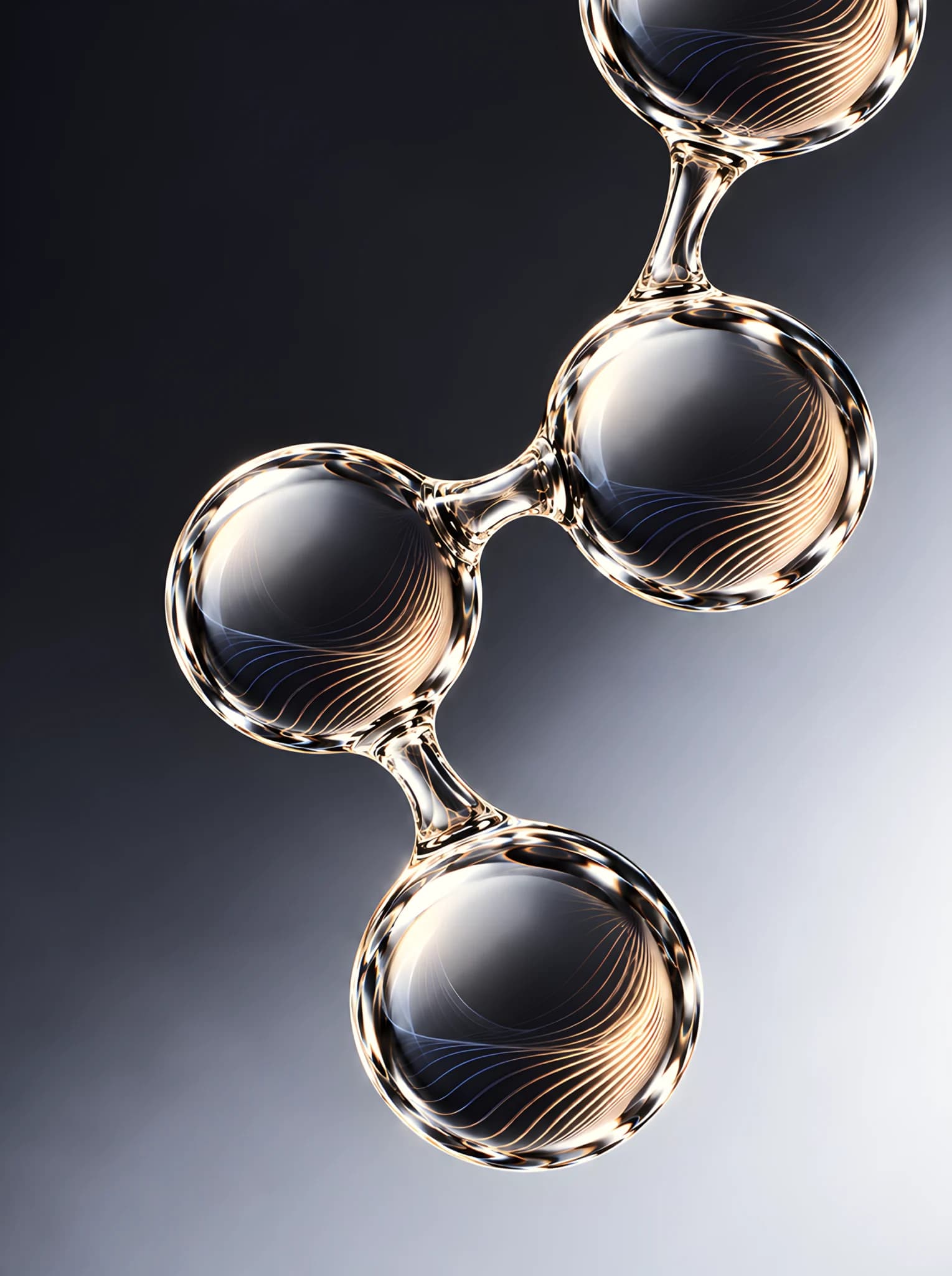 Chrome collagen-molecule sculpture on a dark reflective field, the Lepique Collagen Mask motif