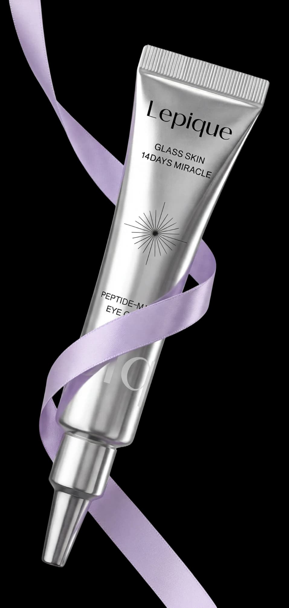 Lepique Peptide-Matrix Eye Cream wrapped in a purple ribbon against a shadowed dark field