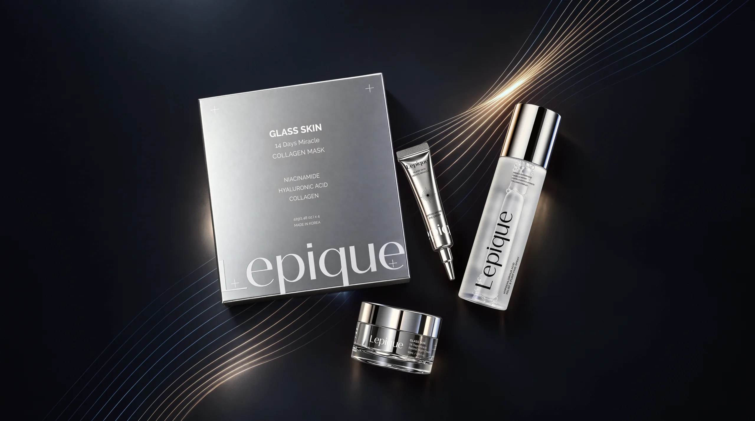 Lepique Collagen Mask, Peptide Eye Cream, HOCl Spray and Retinol Night Cream on a dark reflective set